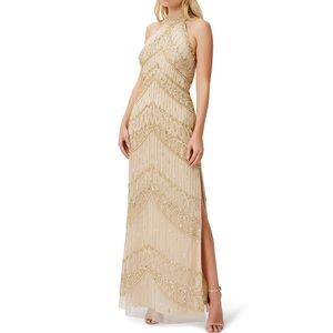 Aidan Mattox fully beaded halter neck gown gold size 6 new with tags wedding
